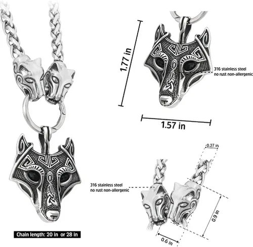 Vista 5 de BAVIPOWER Colgante de amuleto vikingo con cabeza de lobo grande, collar de cadena de acero inoxidable 316L, collar escandinavo nórdico auténtico