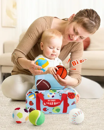 Vista 6 de Vanmor Pelotas deportivas sensoriales para bebés de 6 a 12 meses, paquete de 6 bolas de felpa lavables a máquina con arrugados, sonajeros, sonidos