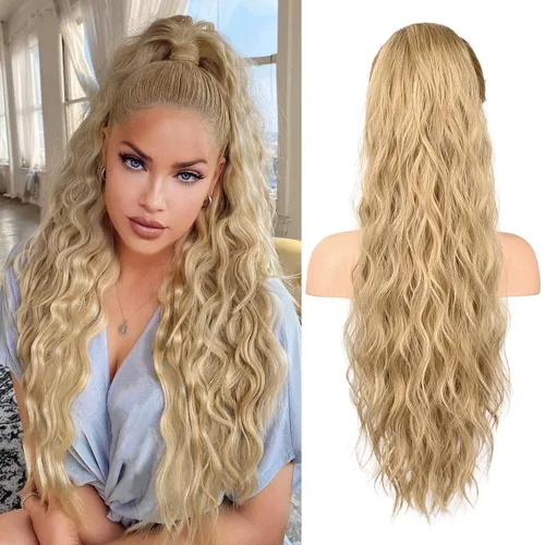 Vista 32 de FLUFYMOOZ Extensión de cola de caballo de 22 pulgadas, extensiones de cabello sintético ondulado largo y rizado para mujer