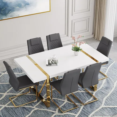 Vista 34 de Juego de mesa de comedor moderna de 55 pulgadas para 4, mesa de comedor negra y marco de metal dorado, mesa de comedor rectangular con 4 sillas