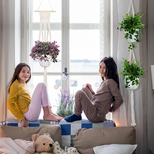 Vista 6 de IGaiety Colgador de macramé para plantas, 5 piezas de soportes colgantes para plantas para interiores y exteriores, colgadores de plantas hechos a