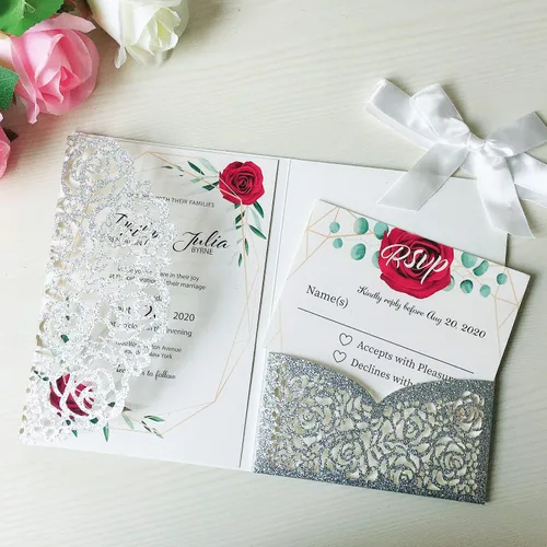 Vista 9 de 20 tarjetas de invitaciones de boda de flora cortadas con láser triples de 5.1 x 7.1 pulgadas con sobres y cintas para boda, despedida de soltera