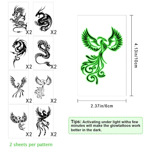 Vista 3 de 16 hojas de tatuajes temporales luminosos de dragón fénix que brillan en la oscuridad dragón decoración de fiesta de cumpleaños, suministros