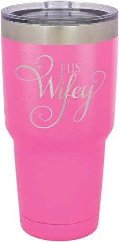 Vista 13 de Taza de viaje de acero con recubrimiento de polvo grabado con láser, con grabado «HIS WIFEY» de 325 ml, sin BPA, para mantener tu bebida fría