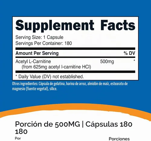 Vista 2 de Nutricost Acetil L-carnitina 500 mg, 180 cápsulas - Sin OMG y sin gluten Sin OMG y sin gluten, 180 porciones