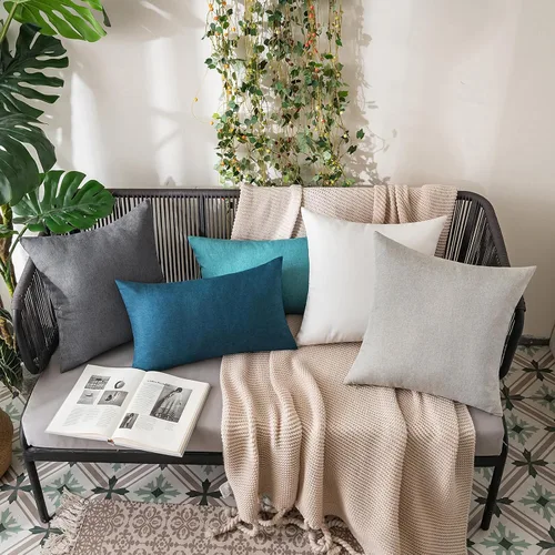 Vista 5 de MIULEE - Paquete de 2 fundas de almohada decorativas para exteriores, impermeables, sólidas, de imitación de lino, para jardín, casa de campo, Azul