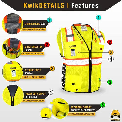 Vista 4 de KwikSafety BIG KAHUNA Safety Vest Class 2 ANSI OSHA Hi Vis Reflective Vest Amarillo (edición limitada)