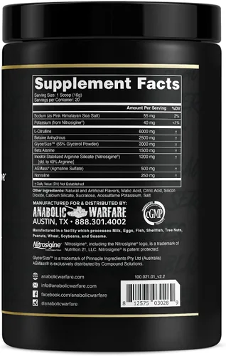 Vista 2 de Anabolic Warfare Veiniac - Suplemento activador de bomba muscular sin estimulantes antes del entrenamiento con L-citrulina, betaína anhidra