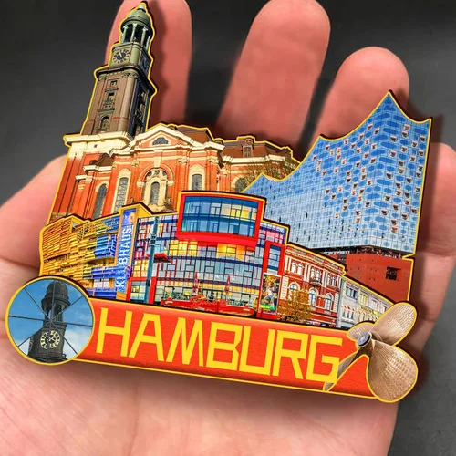 Vista 4 de Imán de madera de Hamburgo de Alemania 3D para nevera, recuerdos coleccionables, decoración hecha a mano, artesanías 2