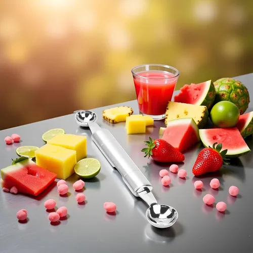 Vista 4 de Cuchara de bola de helado de doble punta plateada para frutas y verduras, cuchara de melón Baller, herramientas de frutas y verduras, cuchara