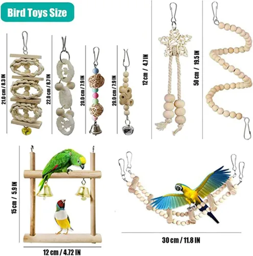 Vista 7 de 8 piezas de loros de pájaro juguetes para masticar columpios con cuentas, juguetes de madera natural para escalada para mascotas, campanas