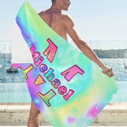 Vista 3 de MyPupSocks Toalla colorida personalizada para niños – Color arcoíris personalizada para viajes, playa, piscina y toallas de baño, toalla con nombre