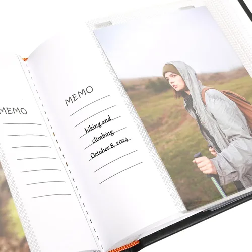 Vista 6 de Álbum de fotos pequeño de 4 x 6 pulgadas, 100 bolsillos con espacio de escritura, cubierta de cuero, libro de fotos con capacidad para fotos de 4 x