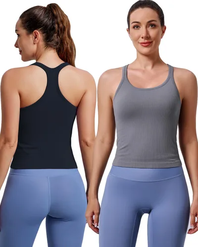 Vista 8 de Women's Workout Tank Tops, with Built in Bra Racerback Seamless Crop Tops Negro Blanco Gris 3 Pack