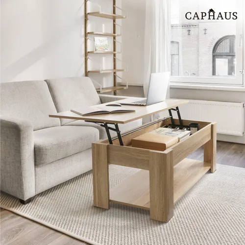 Vista 8 de CAPHAUS Mesa auxiliar elevable con almacenamiento y compartimento oculto, mesa elevadora para sala de estar, estante inferior abierto, 41 pulgadas