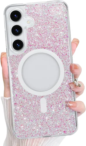 Vista 152 de Bonoma - Funda compatible con Samsung Galaxy S21 Plus, diseño de corazón con purpurina, color rosa Support for MagSafe, Plating Magnetic Case TPU