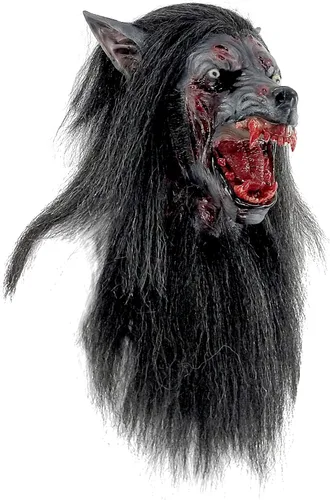 Vista 3 de Ghoulish Productions Máscara de lobo negro. Máscara de látex de lobo negro, máscara de lobo gruñido, máscara de criatura hombre lobo con piel negra.