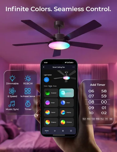Vista 4 de CINOTON Ventiladores de techo inteligentes de 52" con luces y control Negro + Nogal