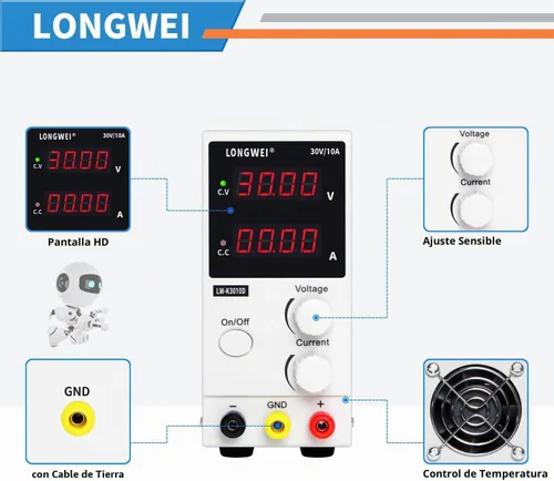 Vista 2 de LONGWEI Fuente de alimentación CC variable 30V 10A, pantalla LED 4-digital, fuente de alimentación de conmutación regulada ajustable de precisión