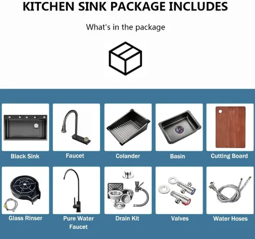 Vista 3 de Fregadero de cocina negro con cascada, fregadero de barra de acero inoxidable de un solo cuenco con lavavasos, fregadero de cocina de estación