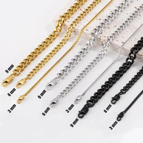 Vista 4 de XIANNVXI Cadena de eslabones cubanos para hombres y mujeres, chapado en oro real de 18 quilates, cadena de eslabones para hombre, cadena de acero
