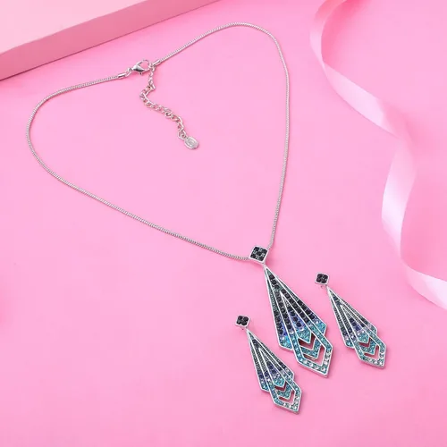 Vista 3 de Slaksworld - Juego de collar con colgante de geometría azul chapado en rodio para mujeres y niñas, diamantes multicolores americanos, cadena