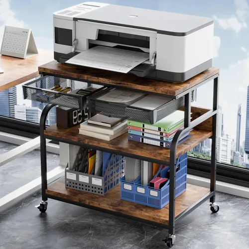 Vista 15 de EasyCom Soporte de impresora grande con cajón de almacenamiento, 5 estantes ajustables y carrito rodante de 3 niveles con ruedas industriales