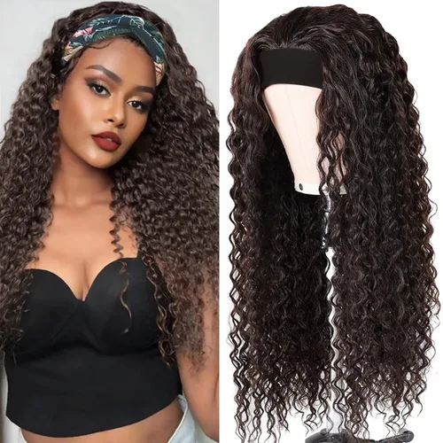 Vista 28 de Peluca de cabello humano con diadema de ondas profundas, sin pegamento, pelucas de cabello rizado sin encaje frontal, pelucas de cabello humano
