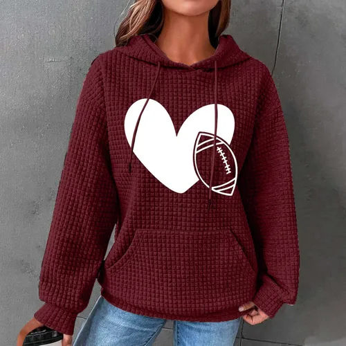 Vista 2 de Sudadera de fútbol para mujer, manga larga, con estampado de corazón, cordón de gofre, holgada, casual, ropa de otoño