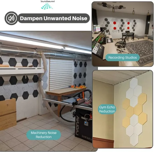 Vista 4 de Paneles acústicos hexagonales para amortiguación de sonido, paquete de 12 paneles autoadhesivos de absorción de sonido, tratamiento acústico