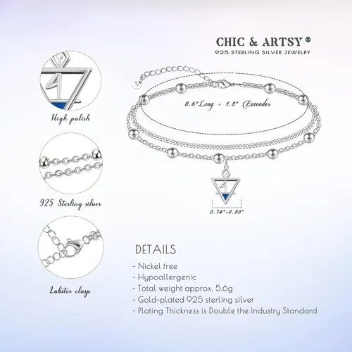 Vista 42 de CHIC & ARTSY Tobilleras de plata de ley S925 para mujer, pulsera de tobillo ajustable multicapa para playa, joyería de verano para mujer, de 10 a 11
