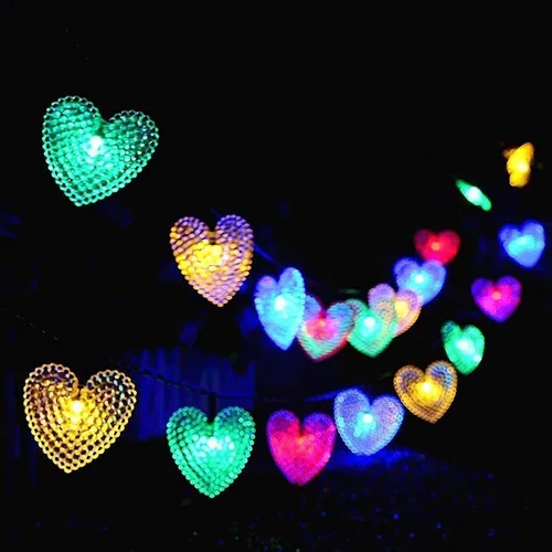 Vista 16 de Luces solares de corazón para exteriores, impermeables, de 16.4 pies, 20 luces LED, corazón de amor, día de San Valentín, 8 modos de iluminación