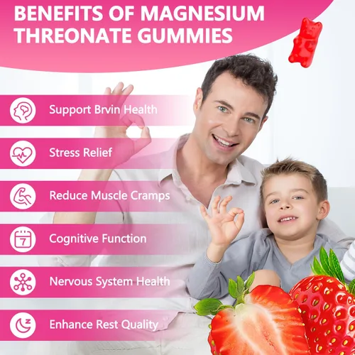 Vista 3 de Gomitas de treonato de magnesio, suplemento de magnesio, sabor a fresa, 60gomitas, 250 mg de magnesio por gomita, salud muscular y nerviosa, alivio