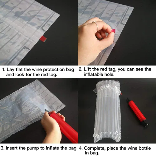 Vista 3 de Protector de botella de vino, 6 paquetes de bolsas de burbujas con bomba gratuita, funda reutilizable, bolsa de cojín inflable de viaje