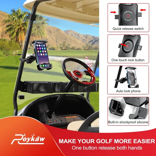 Vista 4 de Roykaw Soporte de teléfono para carrito de golf compatible con EZGO/Club Car/Yamaha, actualización de liberación rápida y bloqueo de un solo toque