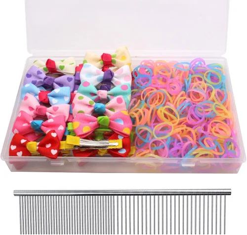 Vista 15 de YOY 20 adorables lazos para el pelo de perro con clips y 1000 bandas de goma y 1 peine de acero para peluquería, nudo superior de cachorro, moño