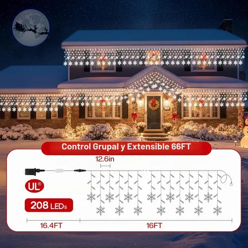 Vista 3 de Luces de carámbanos inteligentes de 16 pies con copo de nieve para exteriores, control de aplicación, cambio de color DIY, 16 gotas, 208 LED, luces