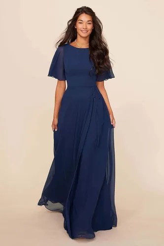Vista 3 de GOEBAODEEN Chiffon Bridesmaid Dresses A Line Bateau Neck Flutter Sleeve Long Formal Evening Prom Gown with Pockets