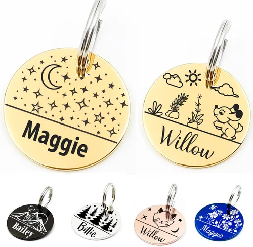 Vista 7 de Bonita placa de identificación de mascotas de acero inoxidable grabada en ambos lados, etiquetas personalizadas para gatos y perros para colgante