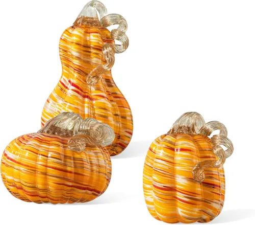 Vista 10 de Glitzhome Calabaza de cristal soplada a mano 3pcs Calabaza de cristal de otoño, azul/blanco