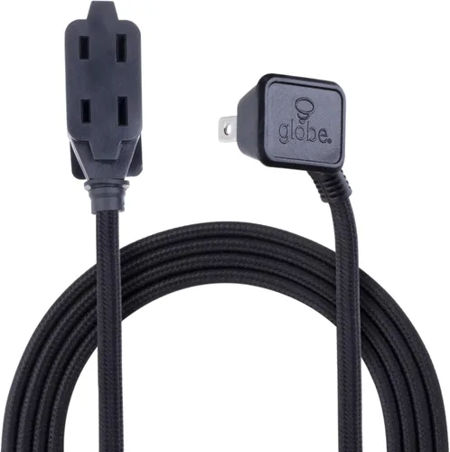 Vista 5 de Globe Electric 22810 - Cable de extensión de tela de 9 pies, 3 salidas polarizadas, enchufe de ángulo recto, 125 voltios, negro, decoración