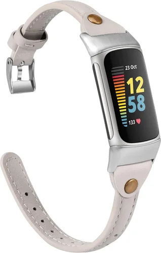 Vista 8 de Wearlizer Correa de cuero compatible con correas Fitbit Charge 5/6, correa de reloj de cuero delgada de repuesto para mujeres y hombres Beige