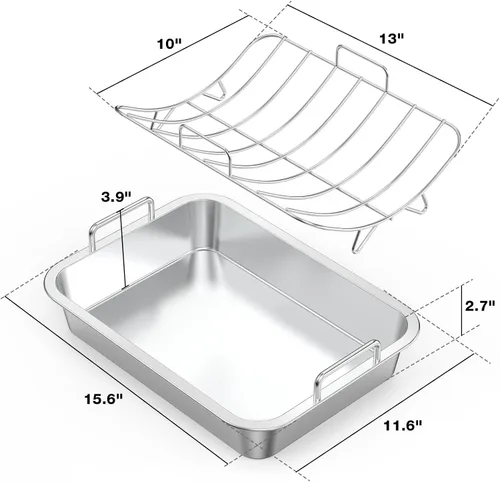 Vista 2 de Onlyfire Sartén para asar con estante en U – Asador de acero inoxidable para hornear, sartén rectangular de lasaña de pavo de 16 pulgadas para asar