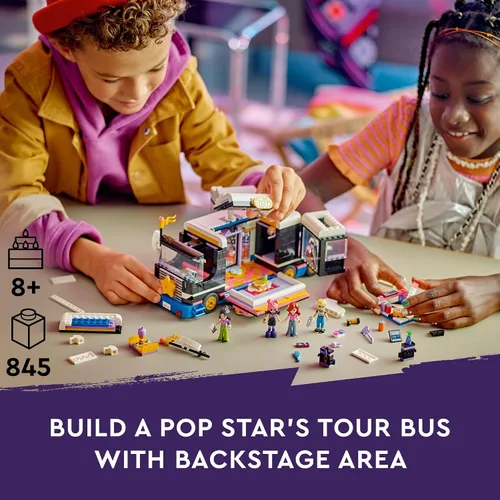 Vista 2 de LEGO Friends Pop Star Music Tour Bus Play Together juguete, juguete musical socioemocional con 4 personajes de mini-muñecas, kit de construcción