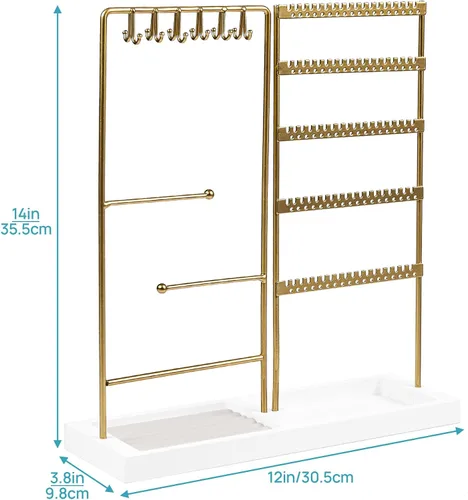 Vista 5 de Vtopmart Soporte organizador de joyas para aretes, collares, anillos, pulseras, exhibición y almacenamiento, con 90 agujeros, 12 ganchos, bandeja