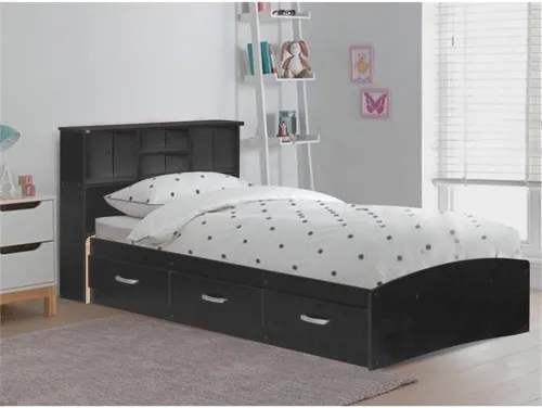 Vista 2 de Pemberly Row Moderna cama de madera tamaño individual con cajones, acabado negro, madera fabricada, cabecera de estantería, resistente a