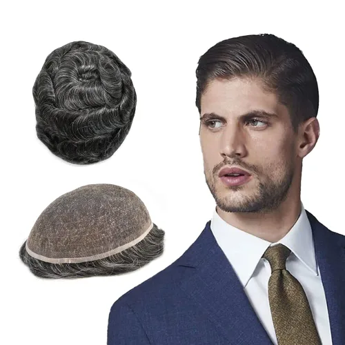 Vista 45 de PUNRU HAIR Completo Swiss Lace Toupee para hombres Sistema de cabello humano real Sistema de reemplazo de cabello humano para hombre Toupee