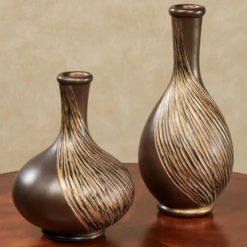 Vista 2 de Juego de 2 jarrones de mesa modernos decorativos de bronce dorado con textura de remolino