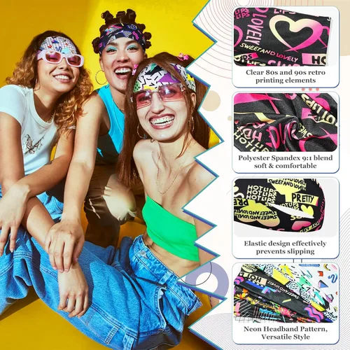 Vista 4 de Paquete de 8 diademas de neón con estampado de los años 80 y 90, accesorios retro de los años 80, trajes de los años 90 para mujeres, banda