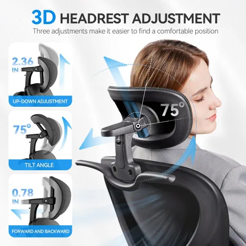 Vista 3 de Freepub Silla de oficina ergonómica con reposacabezas 3D, silla de escritorio de oficina de malla con soporte lumbar ajustable, silla de computadora